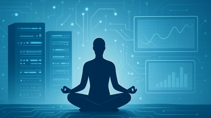 Silhouette of a meditating figure in a tech-inspired environment with abstract data visuals.