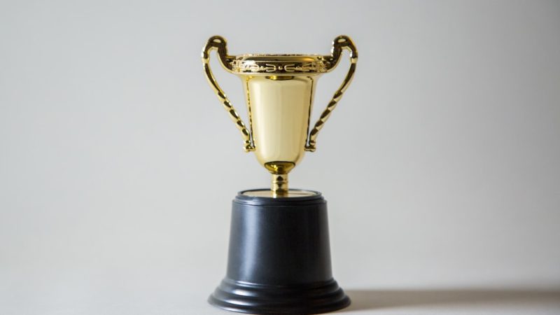 A gold trophy with decorative handles on a black base against a neutral background